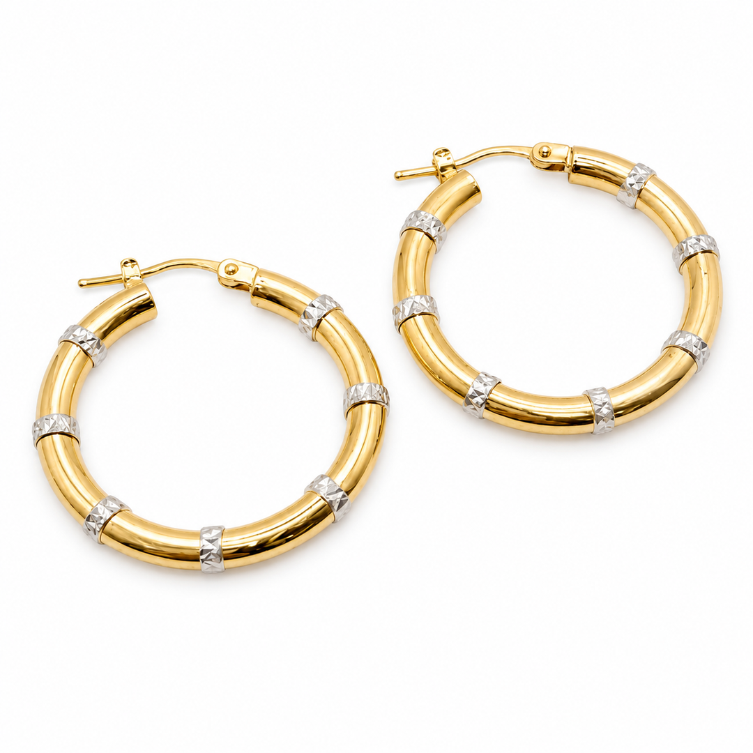 14k Two Tone Medium Hoop Earrings