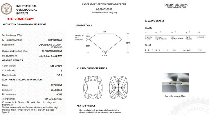 1.55ct E VS1 Cushion Lab Grown Diamond
