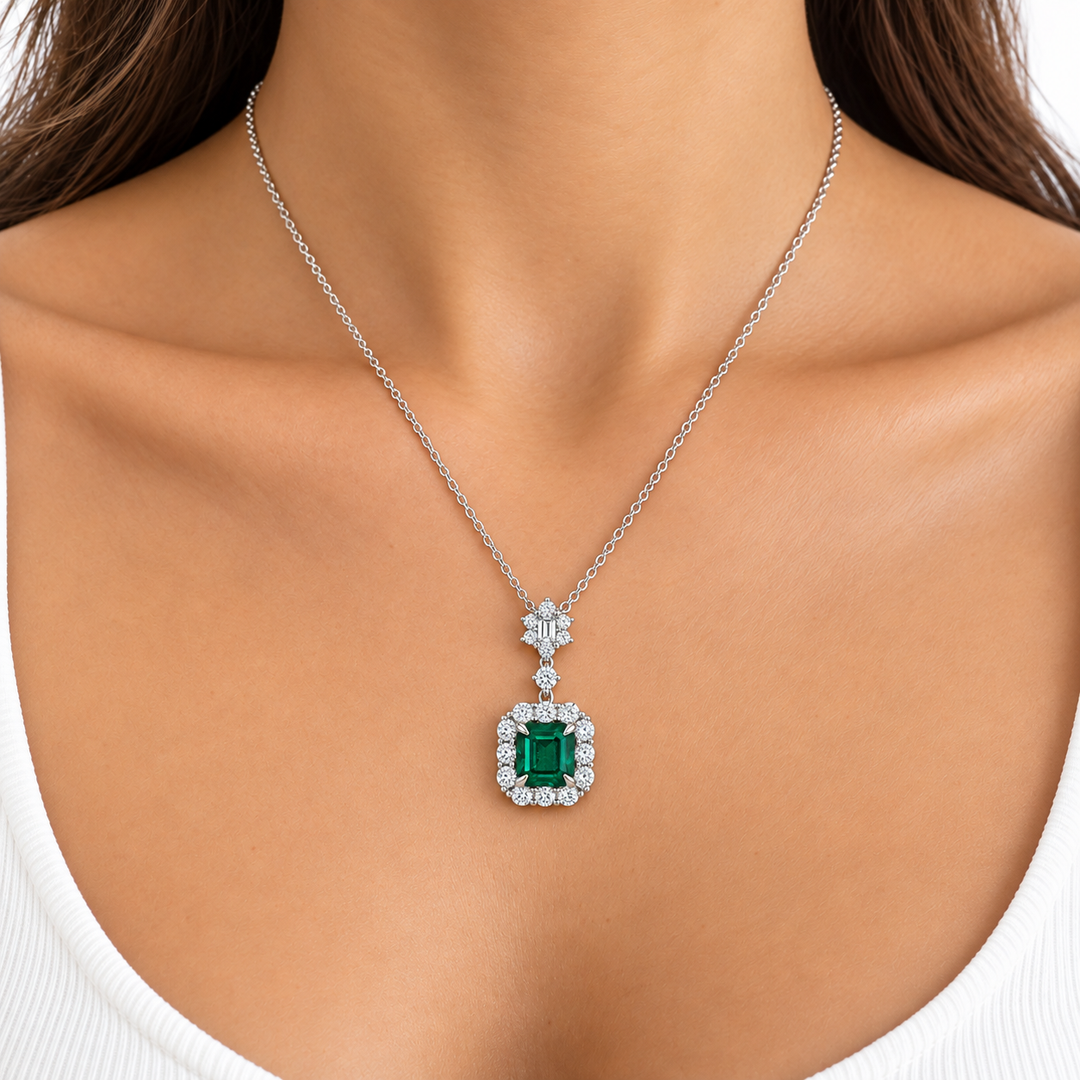 18k White Halo Emerald Pendant