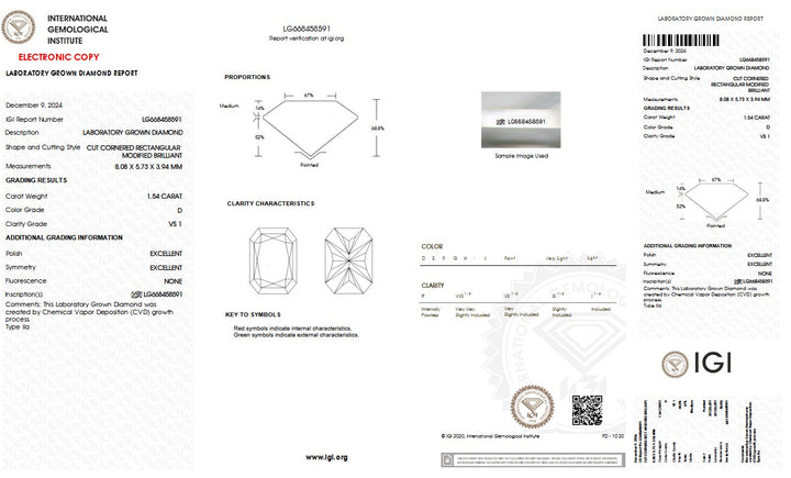 1.54ct D VS1 Radiant lab Grown Diamond