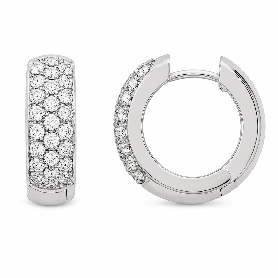 14k White Gold Pave Diamon Huggies Earrings