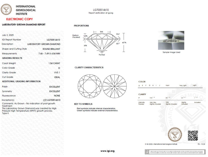 1.54ct D VVS1 Round Lab Grown Diamond