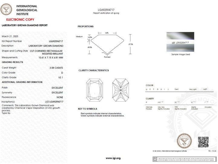 3.08ct D VS1 Radiant Lab Grown Diamond