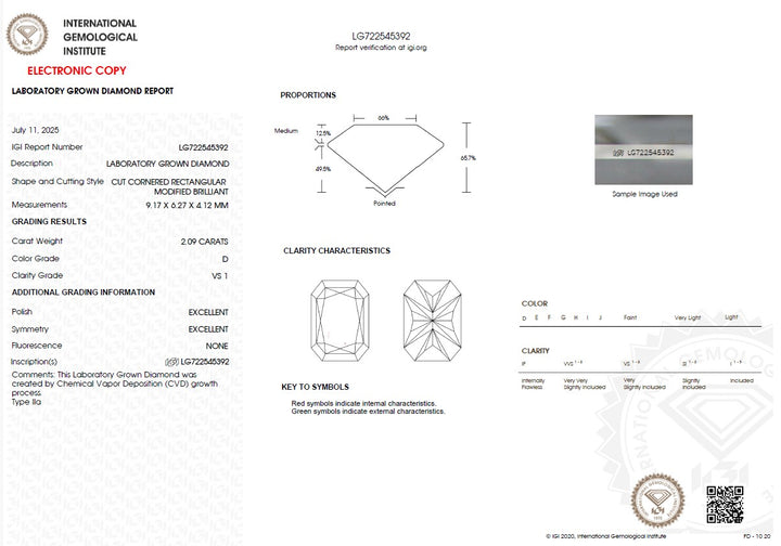 2.09ct D VS1 Radiant Lab Grown Diamond