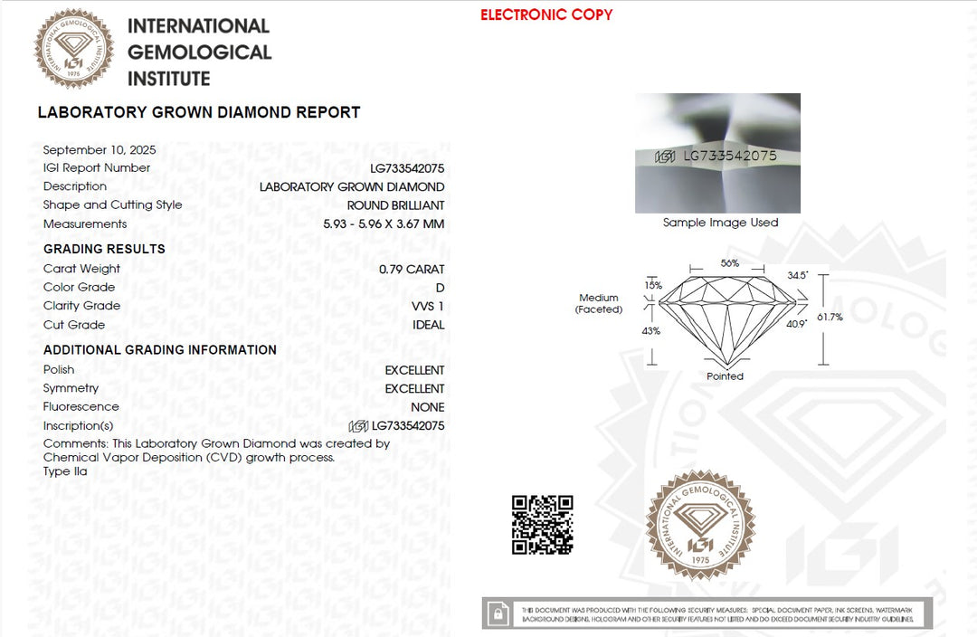 0.79ct D VVS1 Round Lab Grown Diamond