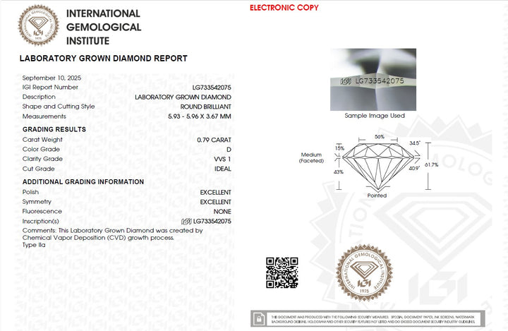 0.79ct D VVS1 Round Lab Grown Diamond