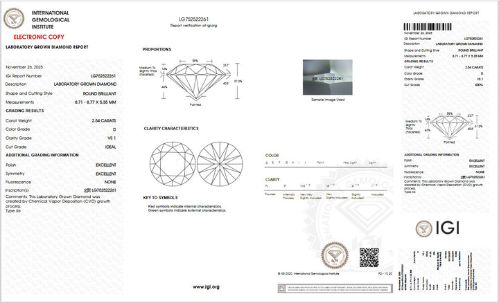 2.54ct D VS1 Round Lab Grown Diamond