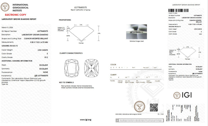 2.50ct E VS2 Cushion Lab Grown Diamond