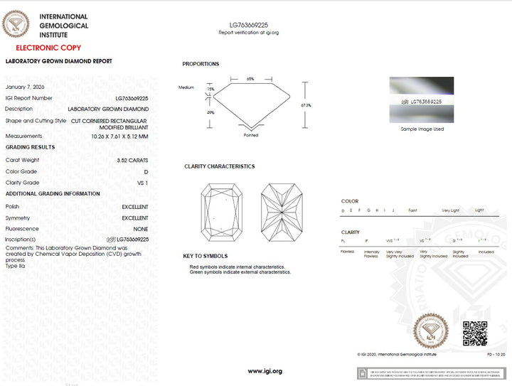 3.52ct D VS1 Radiant Lab Grown Diamond
