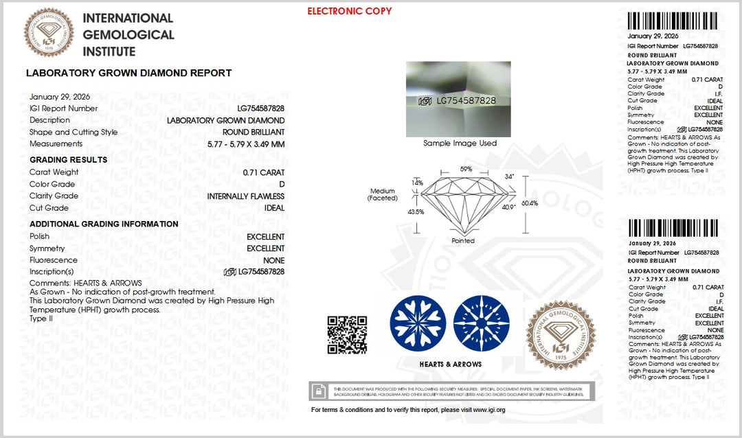 0.71ct D IF Round Lab Grown Diamond