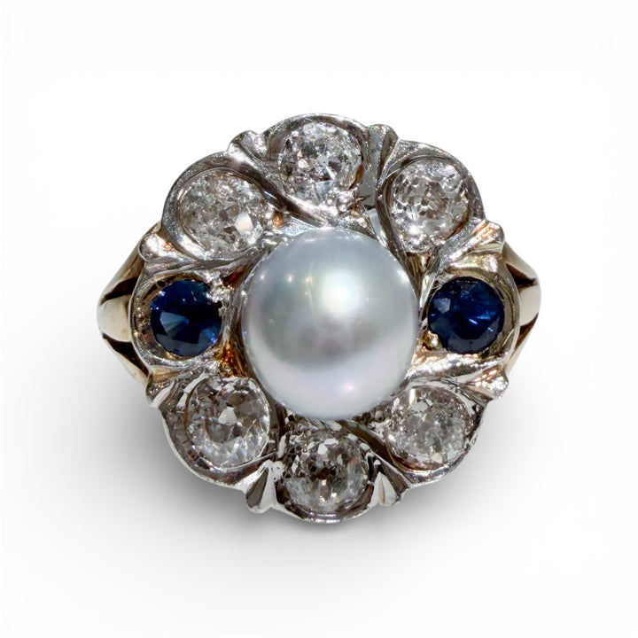 14k Yellow Gold Pearl Sapphire Estate Ring