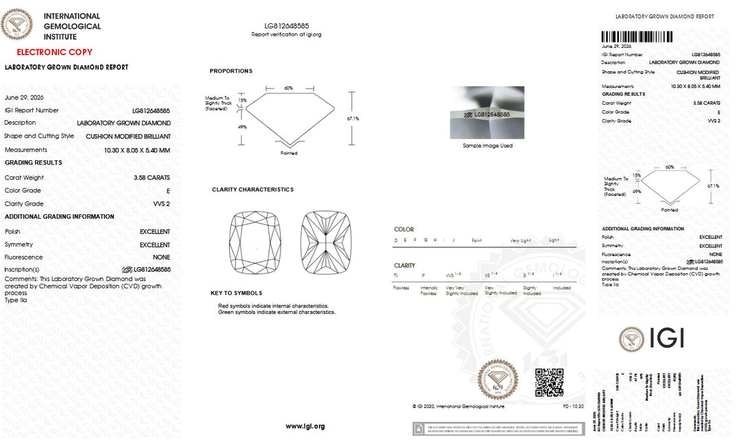 3.58ct E VVS2 Cushion Lab Grown Diamond