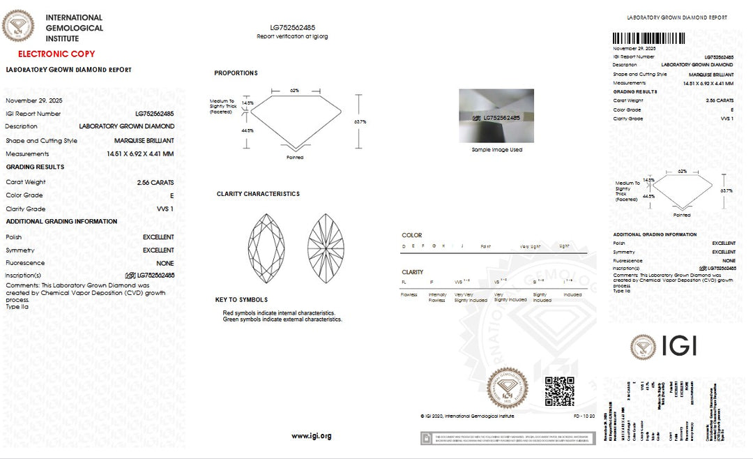 2.56ct E VVS1 Marquise Lab Grown Diamond