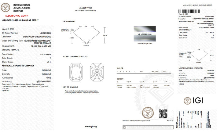 5.07ct E VS1 Radiant Lab Grown Diamond