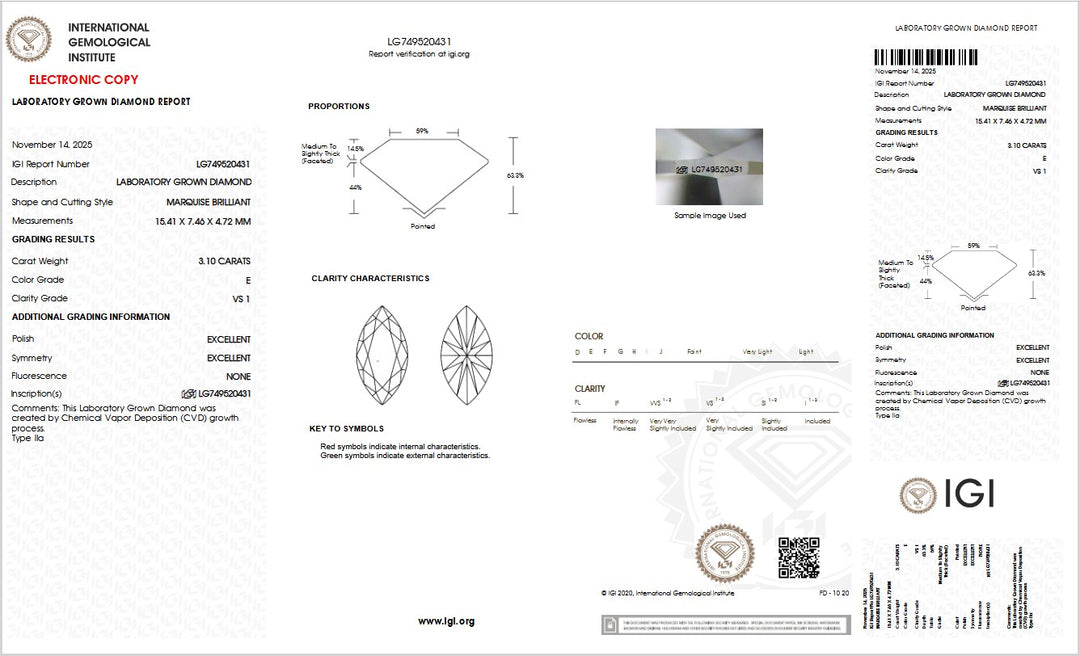 3.10ct E VS1 Marquise Lab Grown Diamond