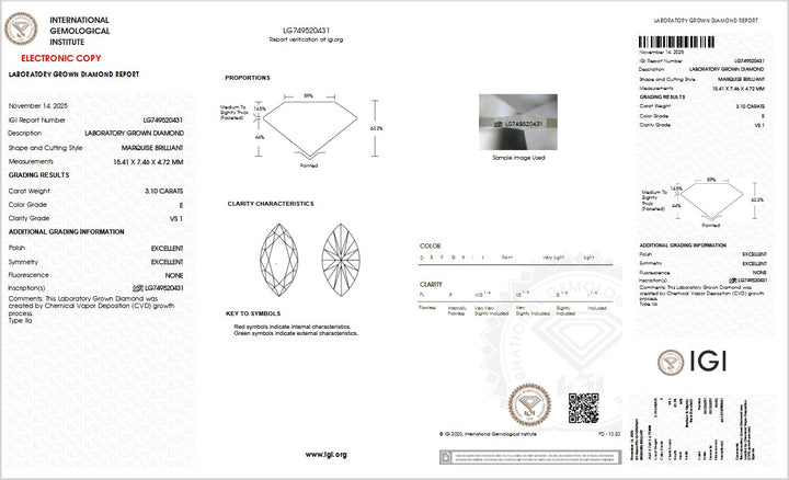 3.10ct E VS1 Marquise Lab Grown Diamond