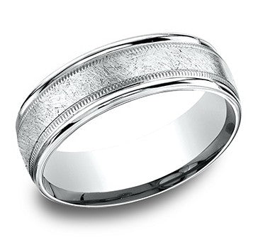 14 White Gold Satin/Polished Benchmark Round Edge swirl Center Wedding Band