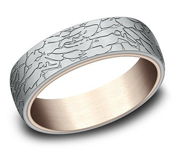14k Rose and White fractred finish Wedding Band