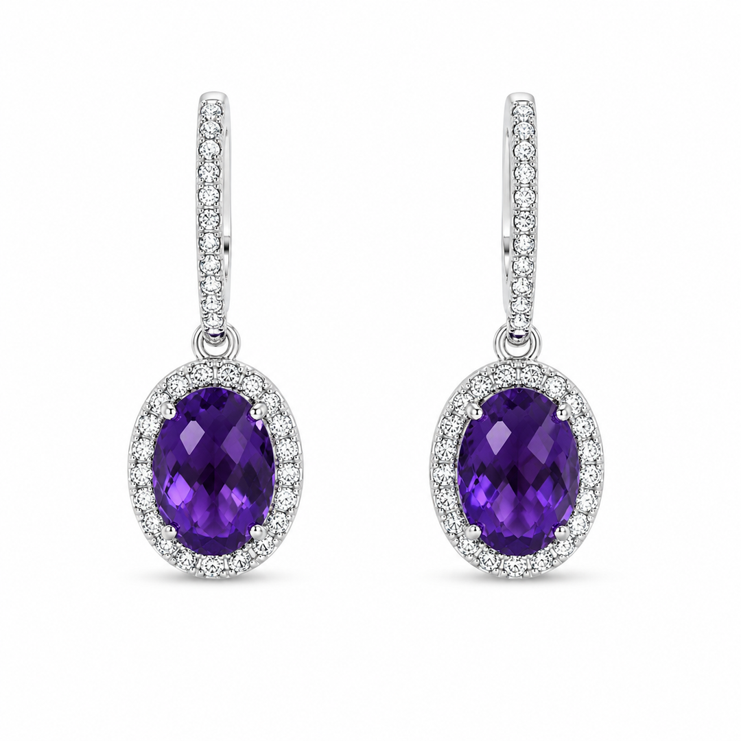 14k Purple Amethyst Drop Diamonds Earrings