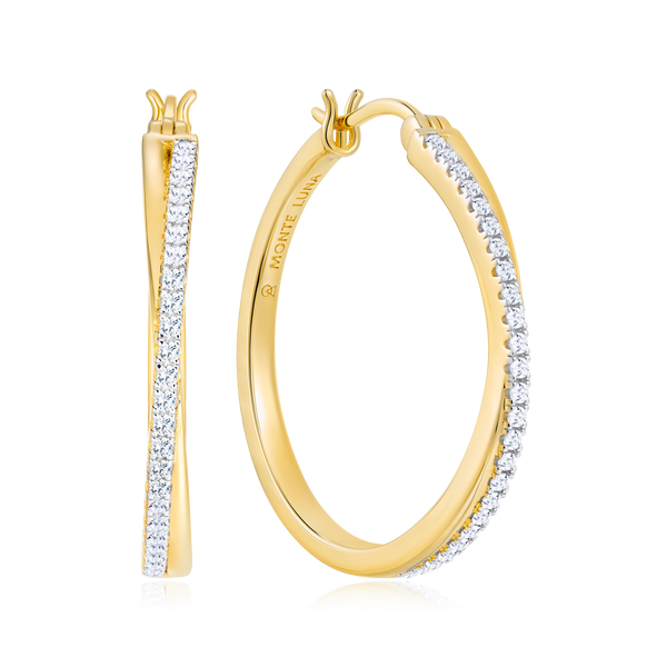 Large Half Pave Twist Hoop Earrings Gold-Plated Sterling Silver