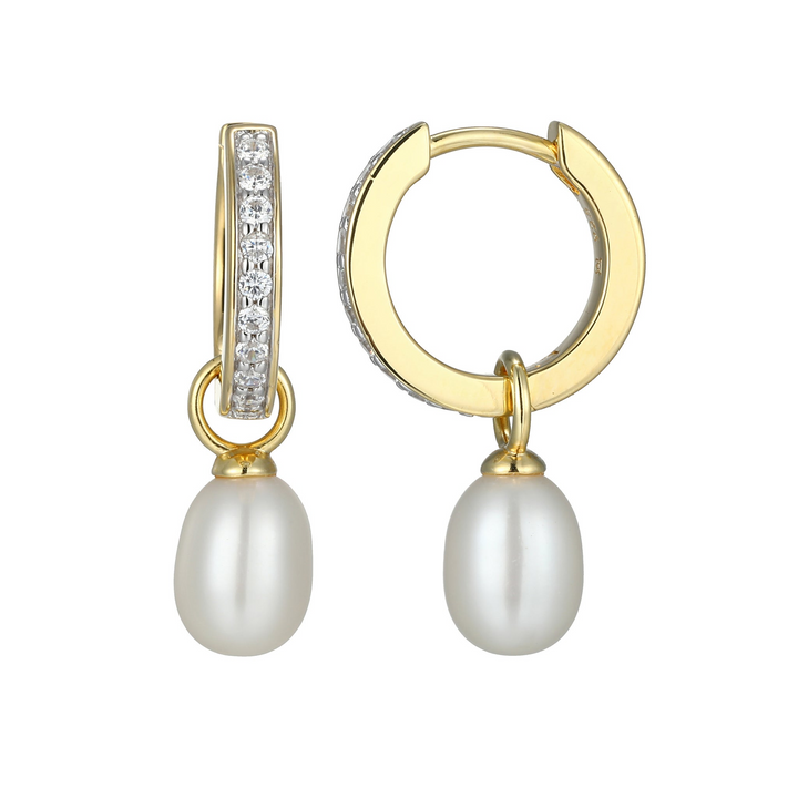 Freshwater Pearl &amp; Lab Grown Diamond Huggie Gold-Plated Sterling Silver