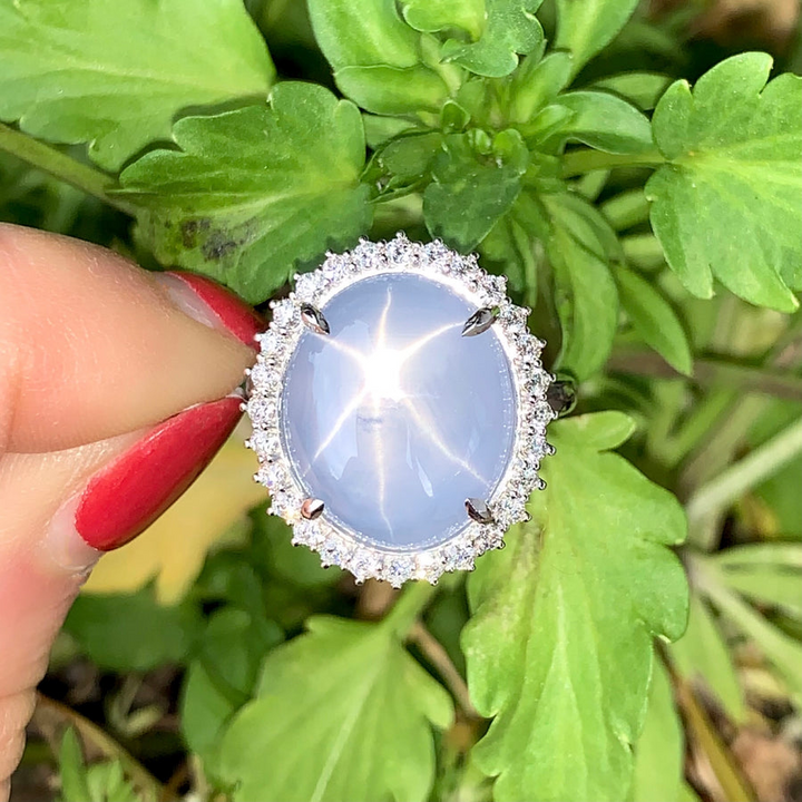 Platinum Star Sapphire Diamond Halo Ring
