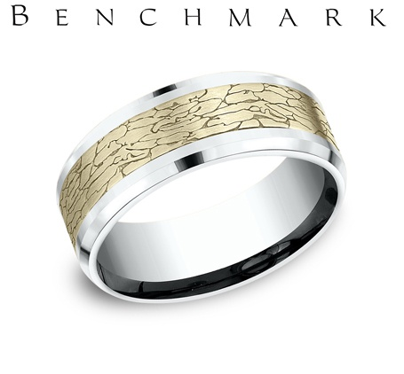 14k Two Tone fractured rock texture Wedding Band
