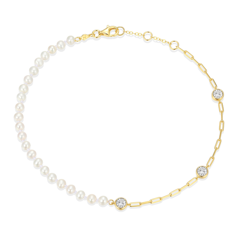 Sterling Silver Yellow Bezel Set Pearl Ankle Bracelet