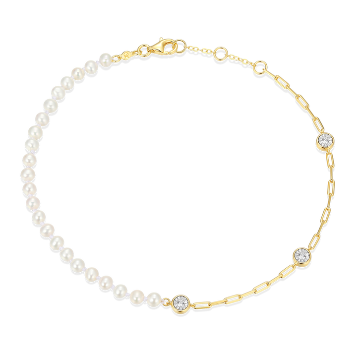 Sterling Silver Yellow Bezel Set Pearl Ankle Bracelet