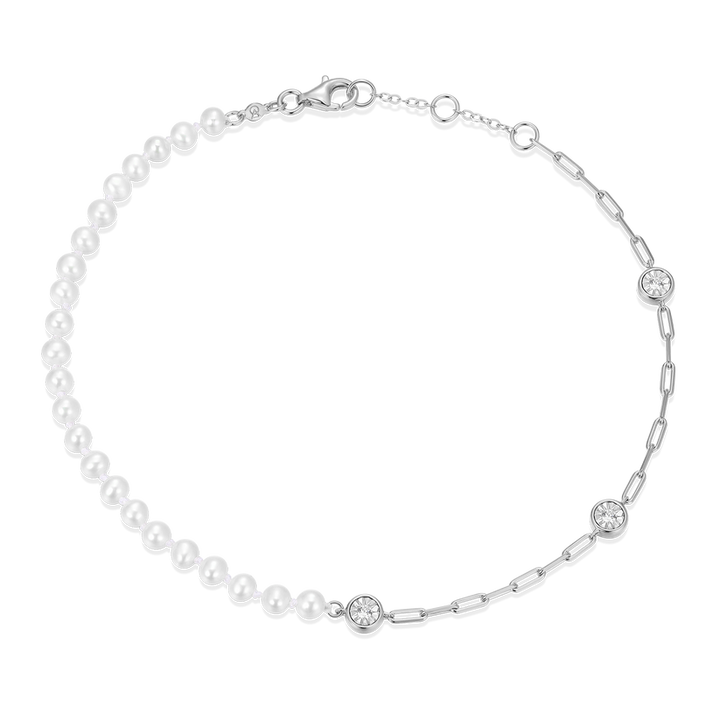 Sterling Silver Baby Pearl &amp; Lab-Created Diamond Station Paperclip Anklet