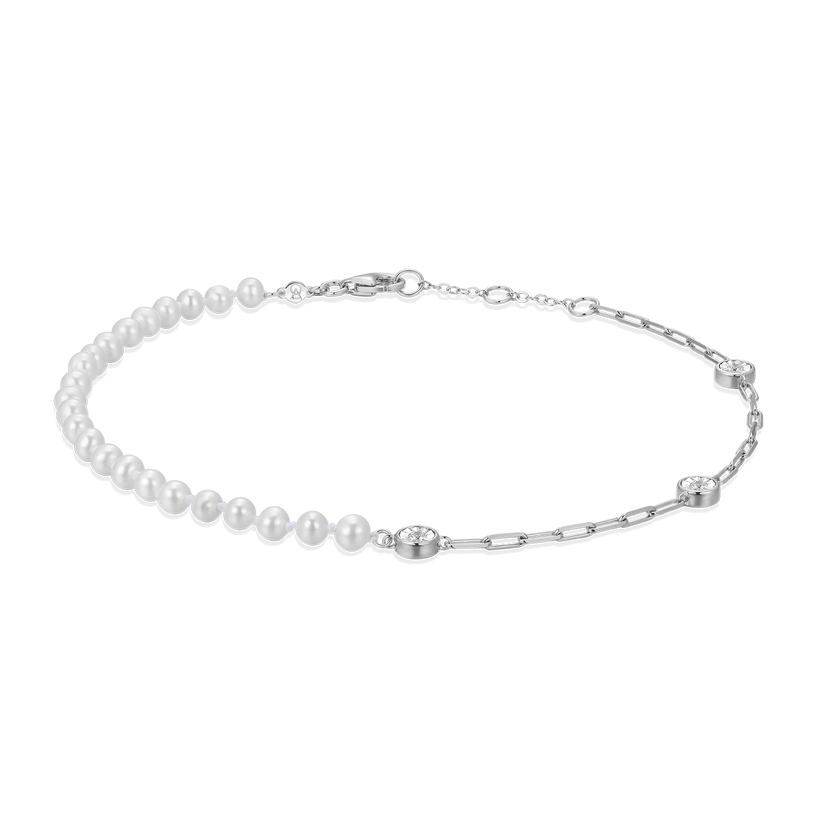 Sterling Silver Baby Pearl &amp; Lab-Created Diamond Station Paperclip Anklet