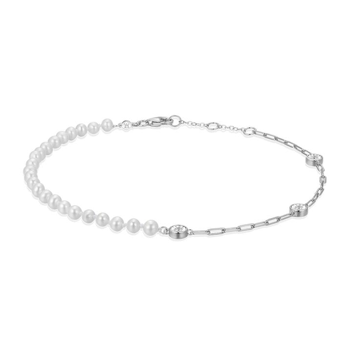 Sterling Silver Baby Pearl &amp; Lab-Created Diamond Station Paperclip Anklet