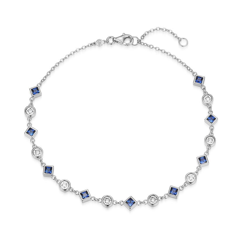 Sterling Silver Lab-Created Blue Sapphire &amp; Lab-Created Diamond Station Anklet