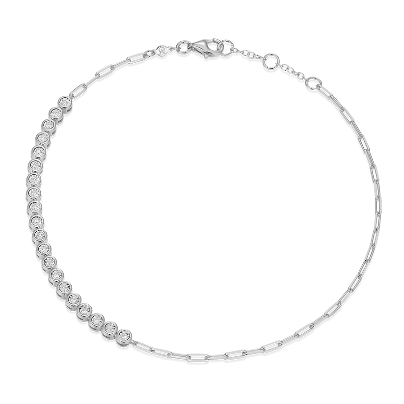 Mini Paperclip Chain &amp; Bezel-Set Lab-Created Diamond Anklet in Rhodium-Plated Sterling Silver