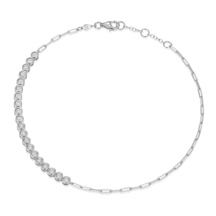 Mini Paperclip Chain &amp; Bezel-Set Lab-Created Diamond Anklet in Rhodium-Plated Sterling Silver