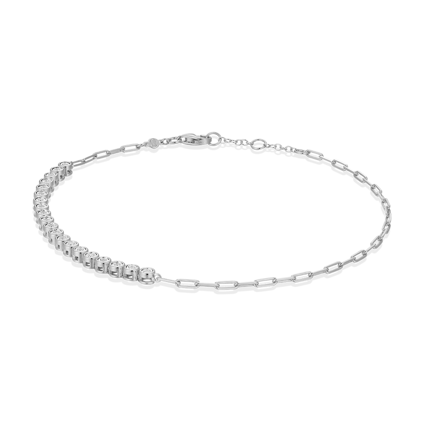 Mini Paperclip Chain &amp; Bezel-Set Lab-Created Diamond Anklet in Rhodium-Plated Sterling Silver