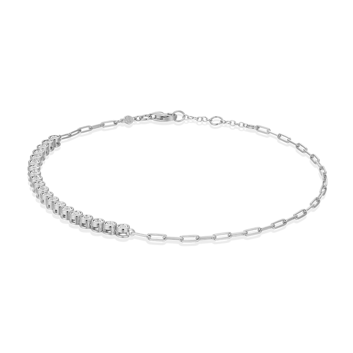 Mini Paperclip Chain &amp; Bezel-Set Lab-Created Diamond Anklet in Rhodium-Plated Sterling Silver