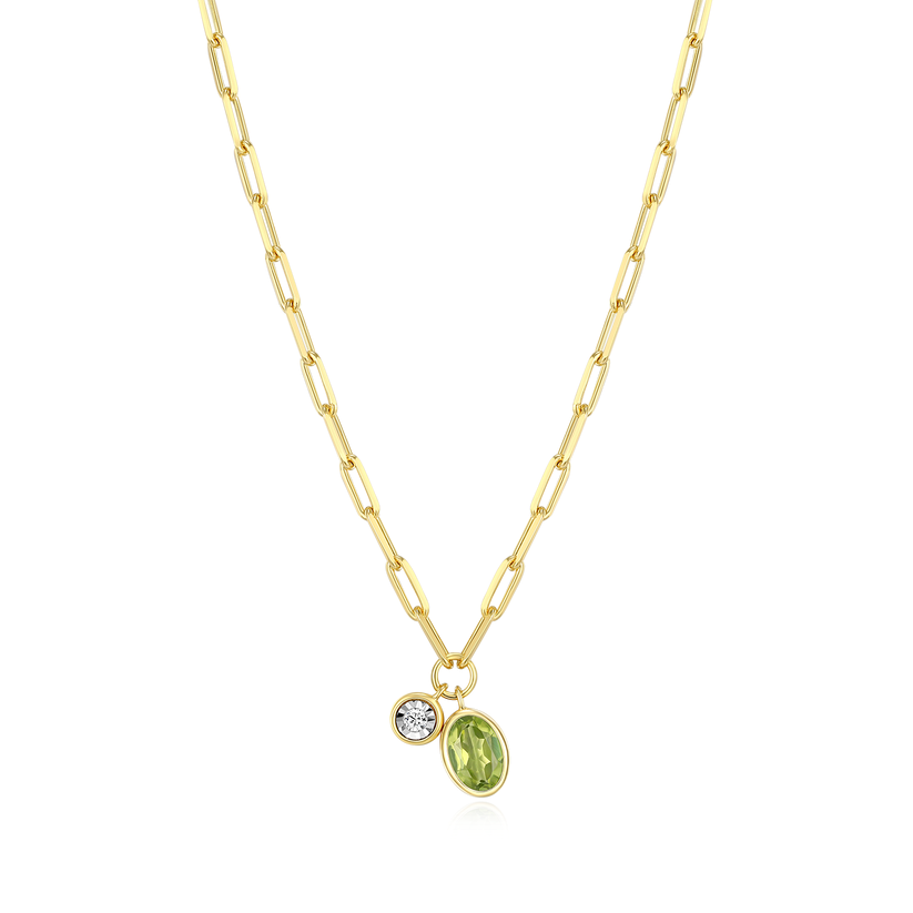 August Birthstone Genuine Peridot &amp; Lab-Created Diamond Mini Paperclip Necklace Gold-Plated Sterling Silver