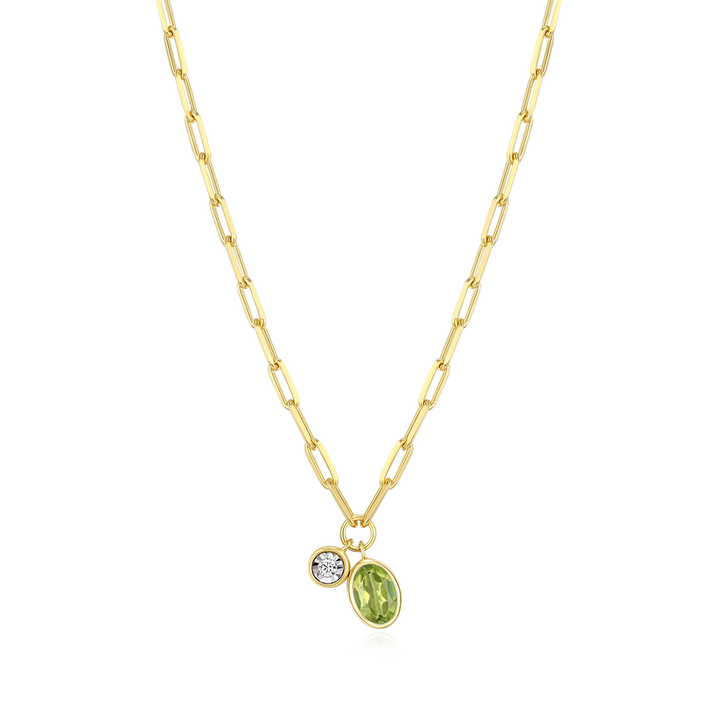 August Birthstone Genuine Peridot &amp; Lab-Created Diamond Mini Paperclip Necklace Gold-Plated Sterling Silver