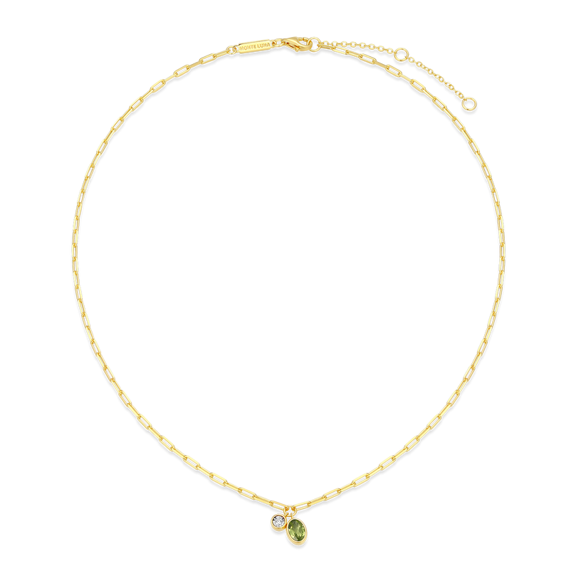 August Birthstone Genuine Peridot &amp; Lab-Created Diamond Mini Paperclip Necklace Gold-Plated Sterling Silver