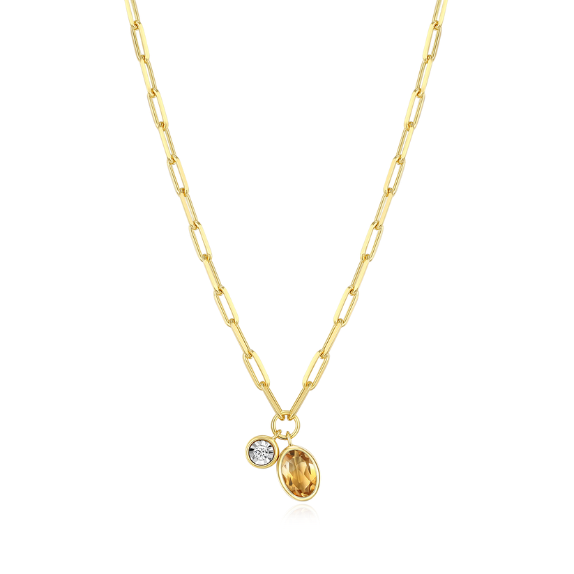 November Birthstone Genuine Citrine &amp; Lab-Created Diamond Mini Paperclip Necklace Gold-Plated Sterling Silver