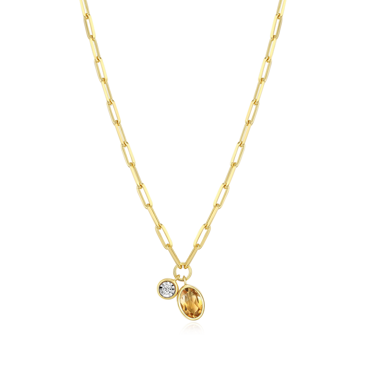 November Birthstone Genuine Citrine &amp; Lab-Created Diamond Mini Paperclip Necklace Gold-Plated Sterling Silver
