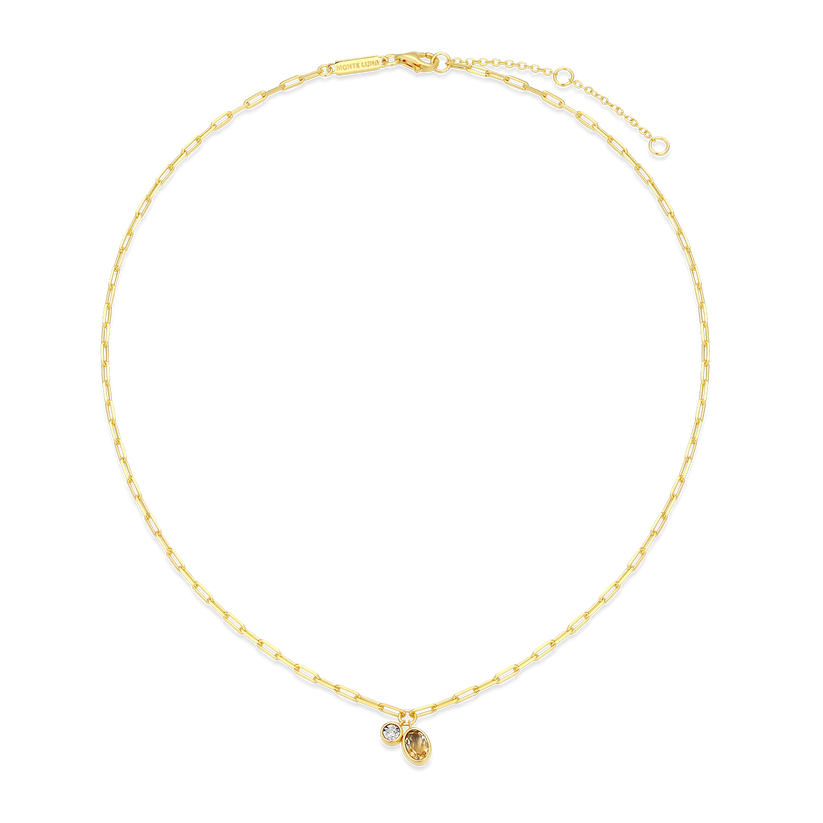 November Birthstone Genuine Citrine &amp; Lab-Created Diamond Mini Paperclip Necklace Gold-Plated Sterling Silver