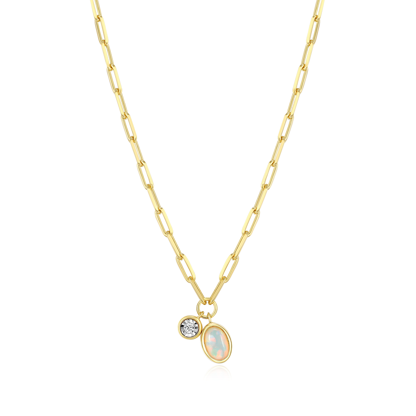 October Birthstone Lab-Created Opal &amp; Lab-Created Diamond Mini Paperclip Necklace Gold-Plated Sterling Silver