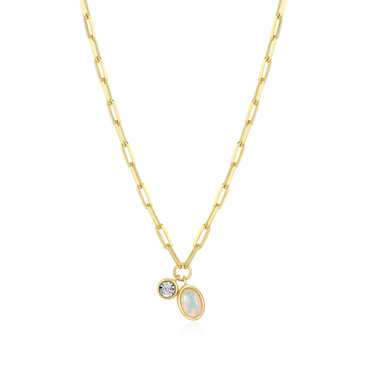 October Birthstone Lab-Created Opal &amp; Lab-Created Diamond Mini Paperclip Necklace Gold-Plated Sterling Silver