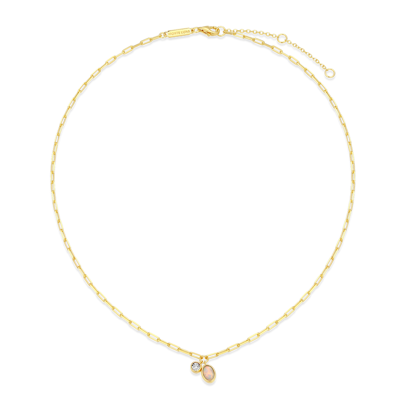October Birthstone Lab-Created Opal &amp; Lab-Created Diamond Mini Paperclip Necklace Gold-Plated Sterling Silver