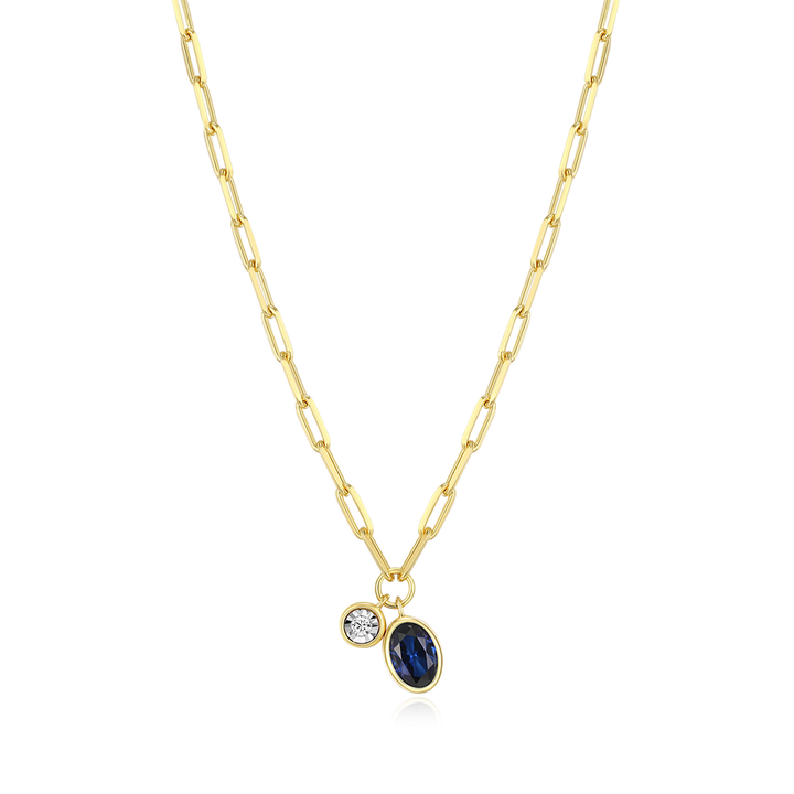 September Birthstone Lab-Created Sapphire &amp; Lab-Created Diamond Mini Paperclip Necklace Gold-Plated Sterling Silver