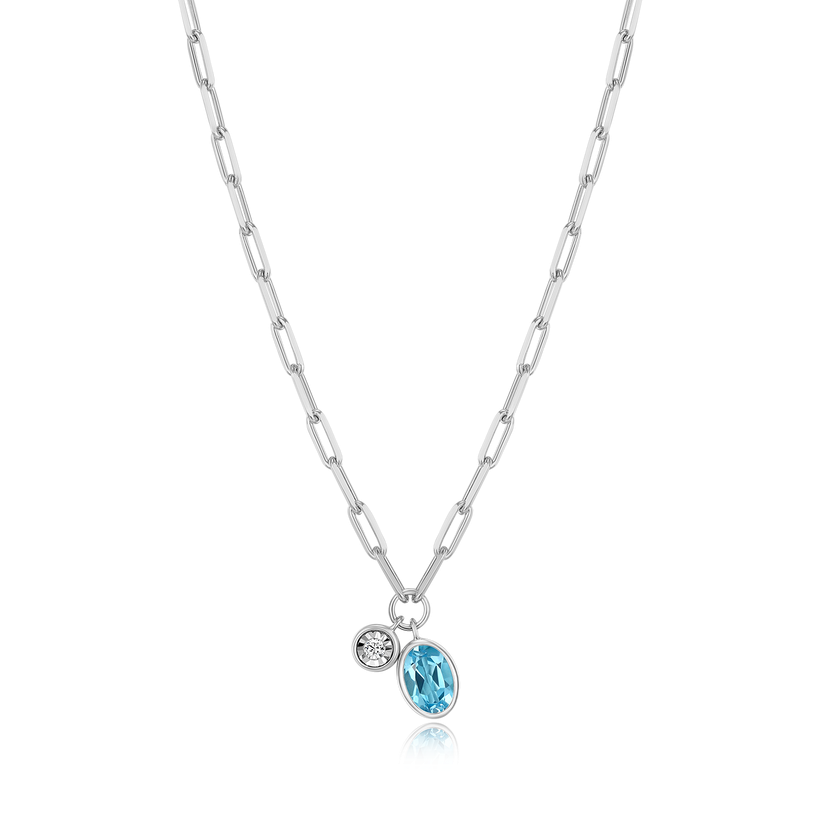 December Birthstone Genuine Blue Topaz &amp; Lab-Created Diamond Mini Paperclip Necklace in Rhodium-Plated Sterling Silver