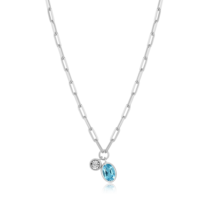 December Birthstone Genuine Blue Topaz &amp; Lab-Created Diamond Mini Paperclip Necklace in Rhodium-Plated Sterling Silver