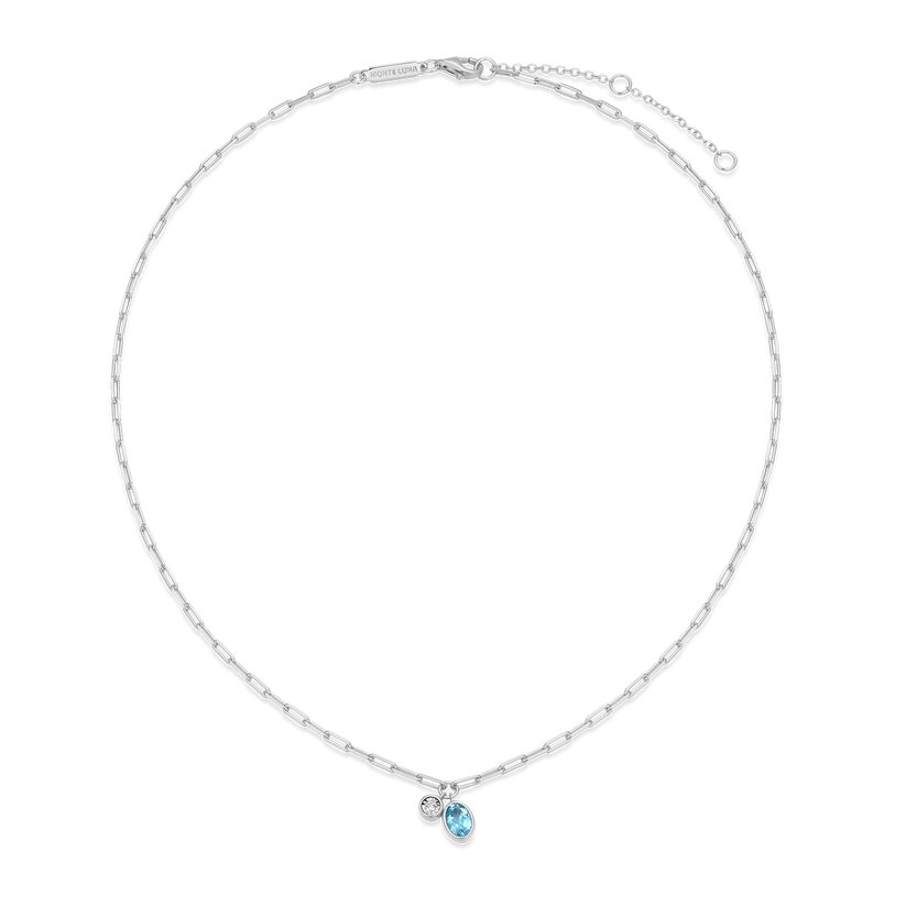 December Birthstone Genuine Blue Topaz &amp; Lab-Created Diamond Mini Paperclip Necklace in Rhodium-Plated Sterling Silver
